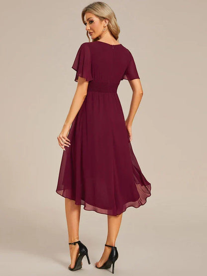 Women's Ruched Flowy Midi Wedding Guest Dress with Flutter Sleeves
