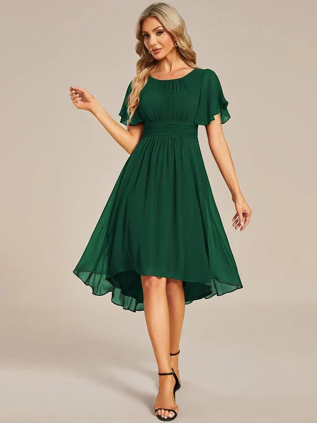 Women's Ruched Flowy Midi Wedding Guest Dress with Flutter Sleeves