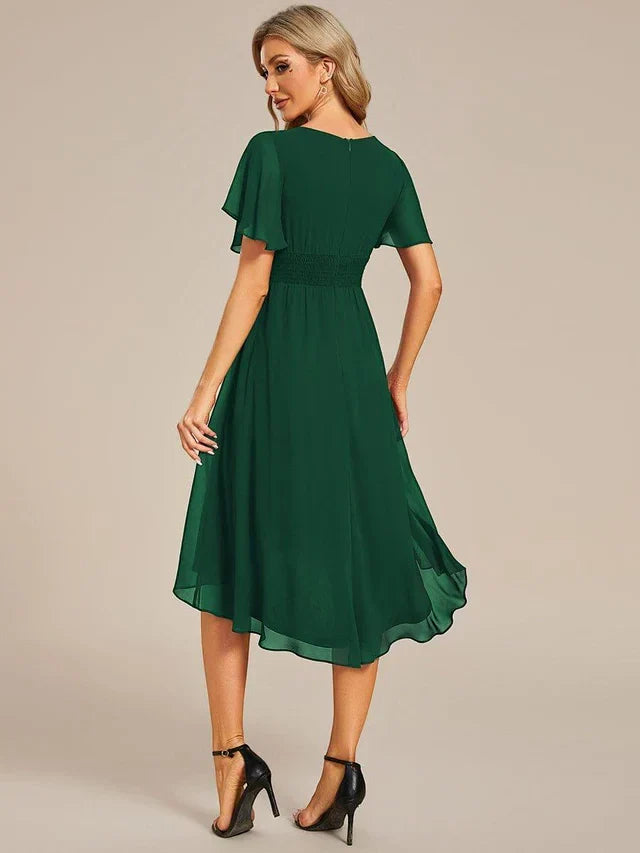 Women's Ruched Flowy Midi Wedding Guest Dress with Flutter Sleeves