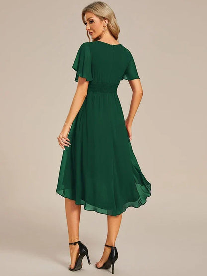 Women's Ruched Flowy Midi Wedding Guest Dress with Flutter Sleeves
