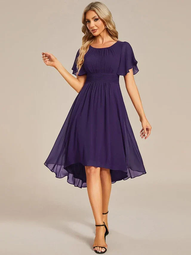 Women's Ruched Flowy Midi Wedding Guest Dress with Flutter Sleeves