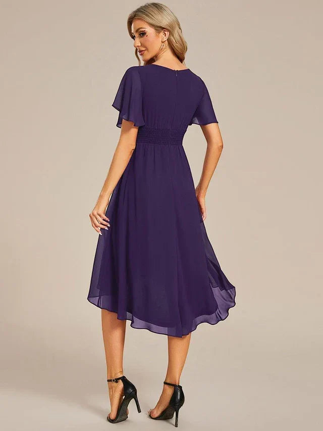 Women's Ruched Flowy Midi Wedding Guest Dress with Flutter Sleeves