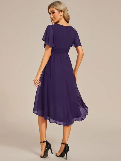 Women's Ruched Flowy Midi Wedding Guest Dress with Flutter Sleeves