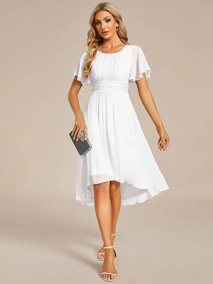 Women's Ruched Flowy Midi Wedding Guest Dress with Flutter Sleeves