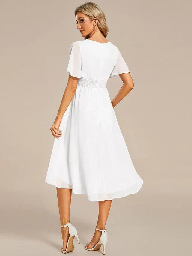 Women's Ruched Flowy Midi Wedding Guest Dress with Flutter Sleeves