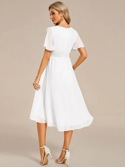 Women's Ruched Flowy Midi Wedding Guest Dress with Flutter Sleeves