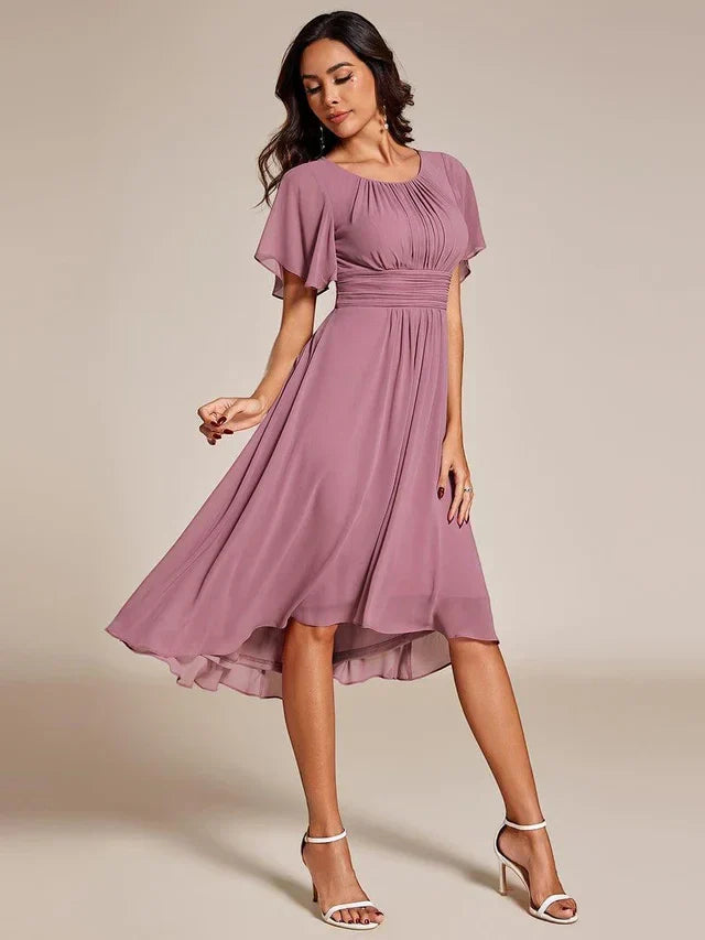 Women's Ruched Flowy Midi Wedding Guest Dress with Flutter Sleeves