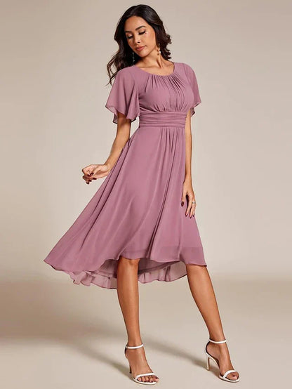 Women's Ruched Flowy Midi Wedding Guest Dress with Flutter Sleeves