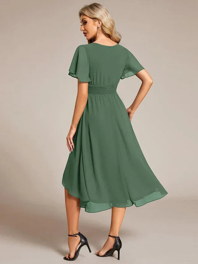 Women's Ruched Flowy Midi Wedding Guest Dress with Flutter Sleeves