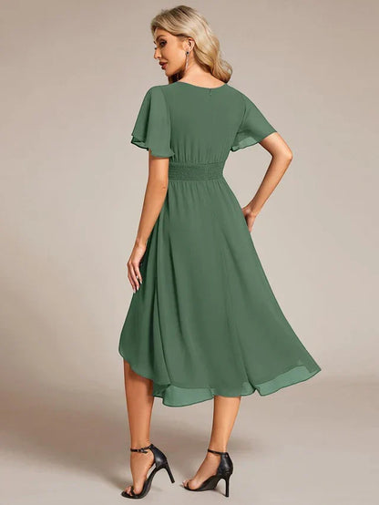Women's Ruched Flowy Midi Wedding Guest Dress with Flutter Sleeves