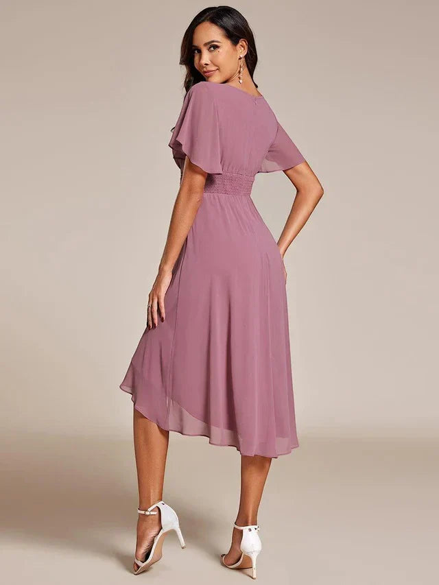 Women's Ruched Flowy Midi Wedding Guest Dress with Flutter Sleeves