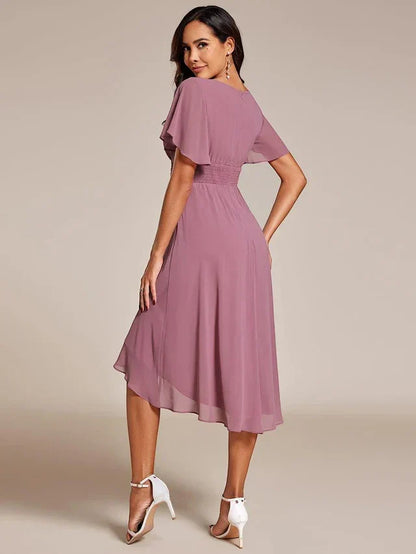 Women's Ruched Flowy Midi Wedding Guest Dress with Flutter Sleeves