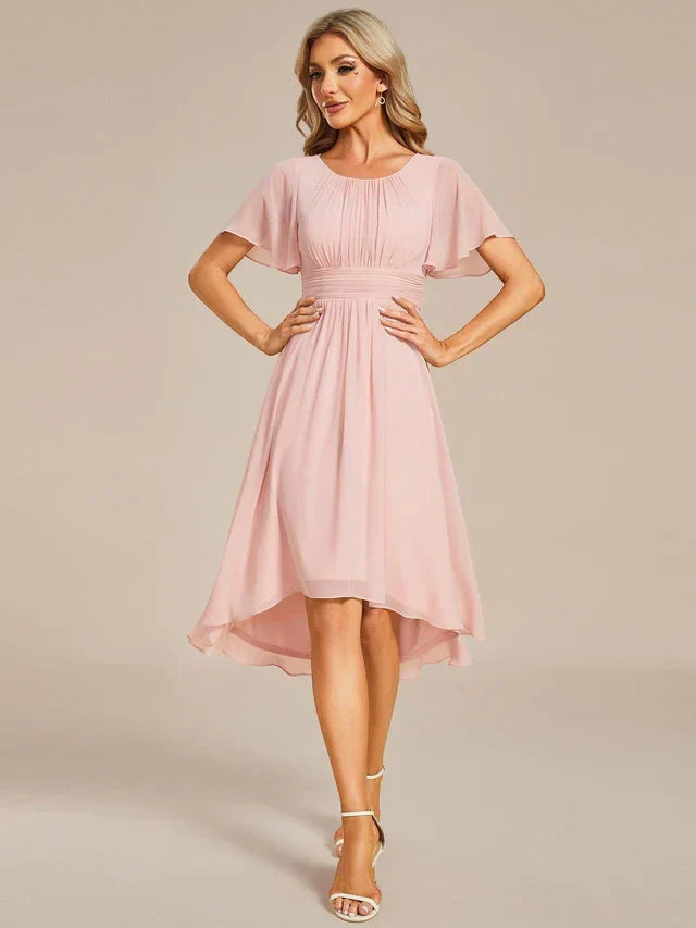 Women's Ruched Flowy Midi Wedding Guest Dress with Flutter Sleeves