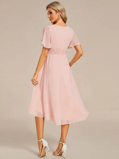 Women's Ruched Flowy Midi Wedding Guest Dress with Flutter Sleeves