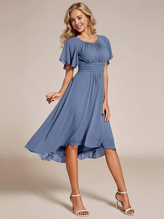 Women's Ruched Flowy Midi Wedding Guest Dress with Flutter Sleeves