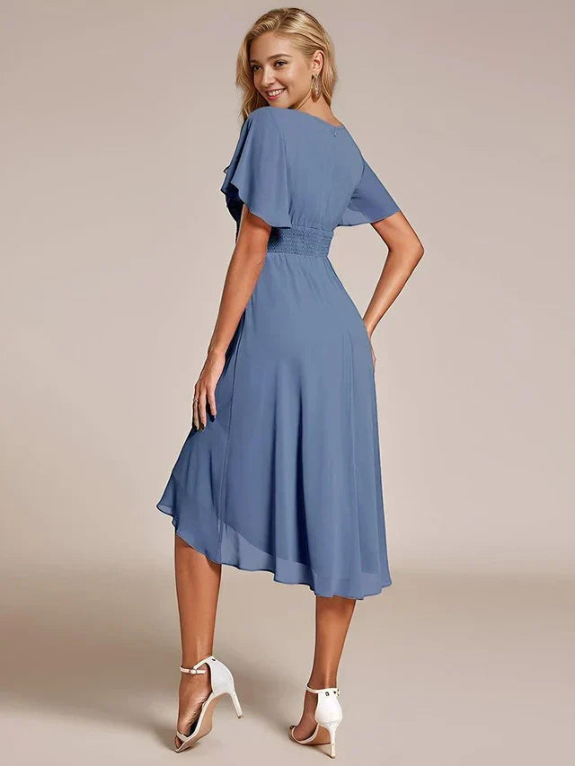Women's Ruched Flowy Midi Wedding Guest Dress with Flutter Sleeves