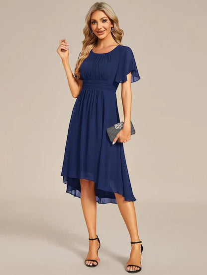 Women's Ruched Flowy Midi Wedding Guest Dress with Flutter Sleeves