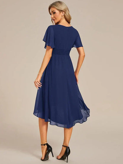 Women's Ruched Flowy Midi Wedding Guest Dress with Flutter Sleeves