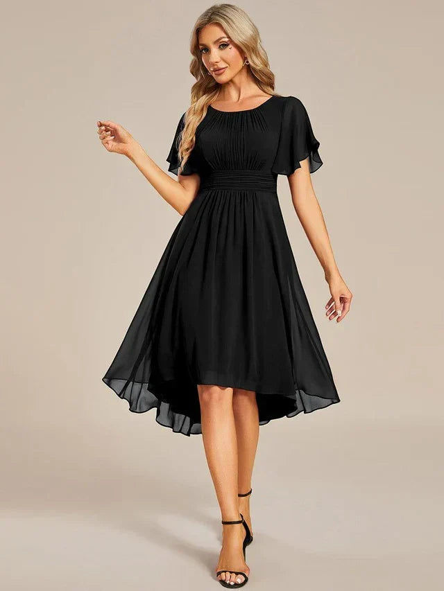Women's Ruched Flowy Midi Wedding Guest Dress with Flutter Sleeves