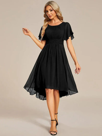 Women's Ruched Flowy Midi Wedding Guest Dress with Flutter Sleeves