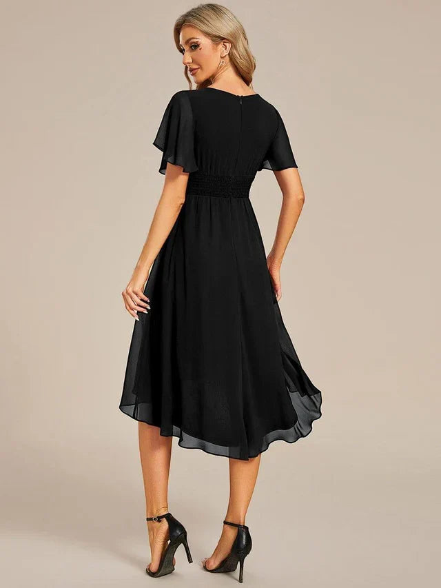 Women's Ruched Flowy Midi Wedding Guest Dress with Flutter Sleeves