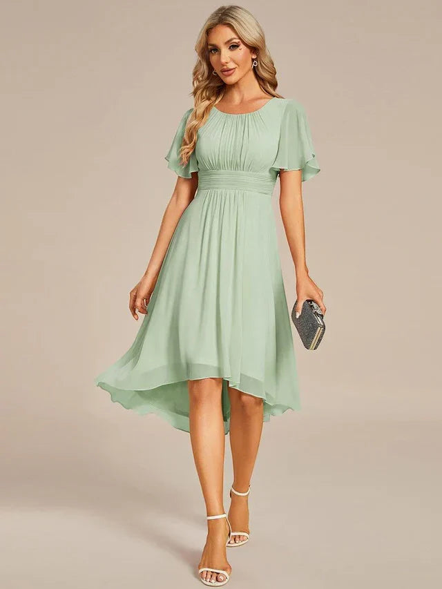 Women's Ruched Flowy Midi Wedding Guest Dress with Flutter Sleeves
