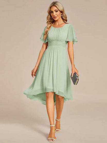Women's Ruched Flowy Midi Wedding Guest Dress with Flutter Sleeves