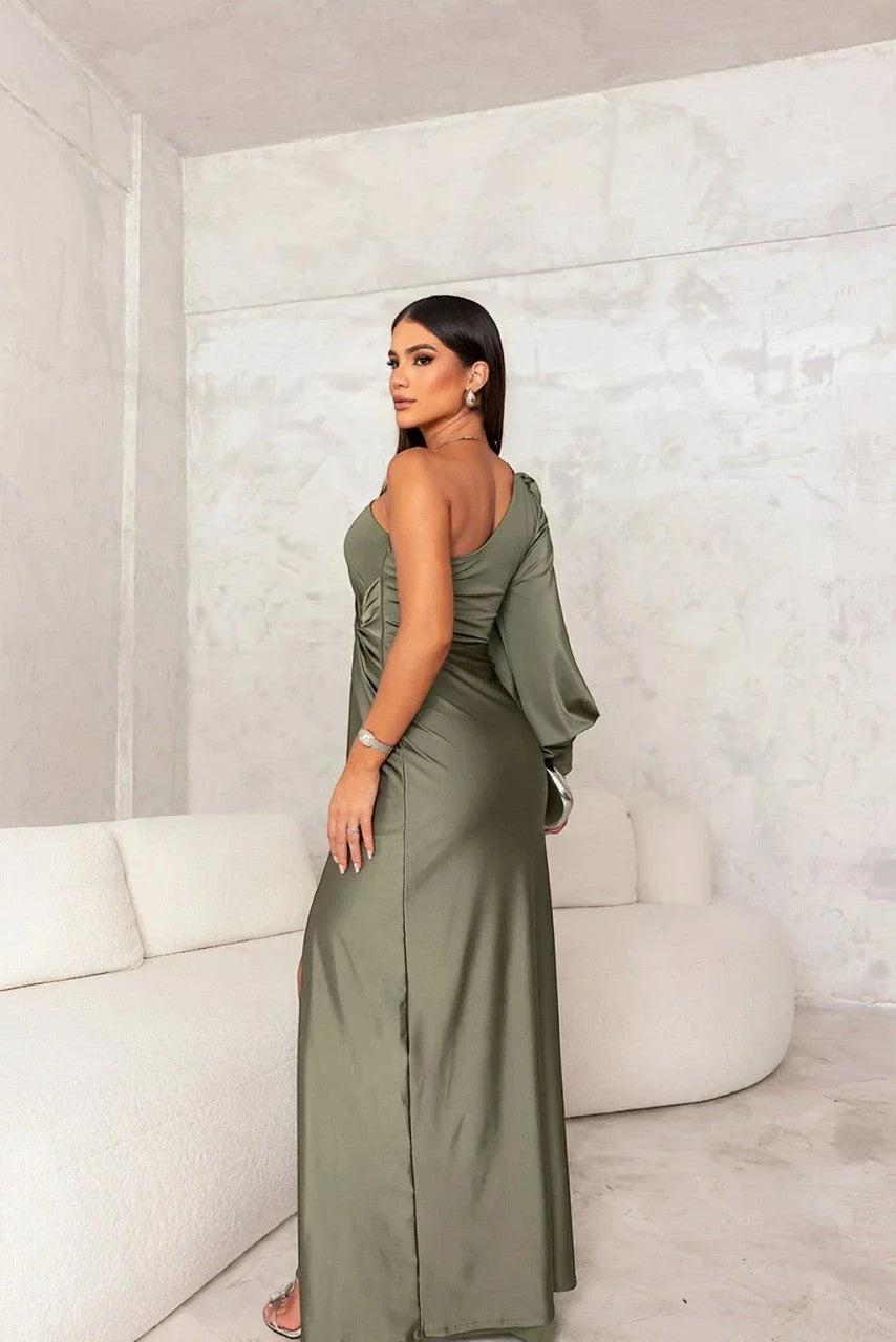 Women's Ruched One Shoulder  Maxi Wedding Guest Dress with Slit