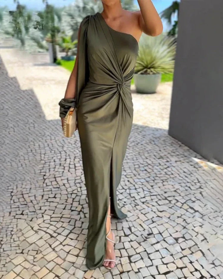 Women's Ruched One Shoulder  Maxi Wedding Guest Dress with Slit