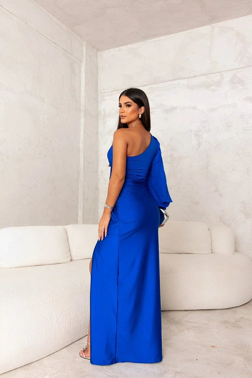 Women's Ruched One Shoulder  Maxi Wedding Guest Dress with Slit