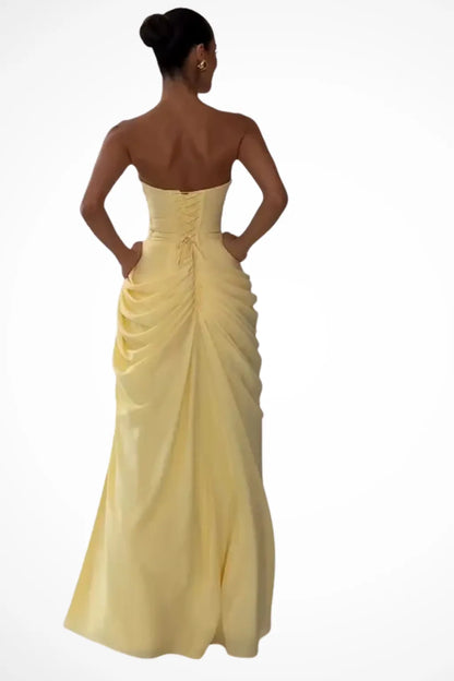 Women's Ruched Strapless Maxi Wedding Guest Dress with Slit