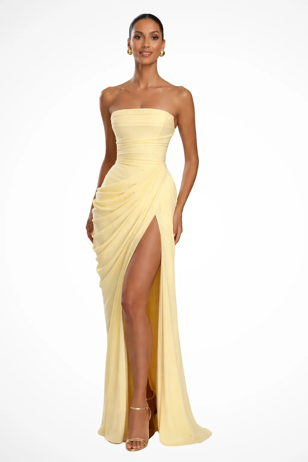 Women's Ruched Strapless Maxi Wedding Guest Dress with Slit