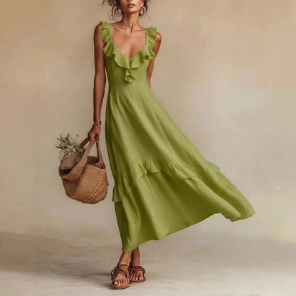Women's Ruffle A-Line Maxi Wedding Guest Dress with V-Neck