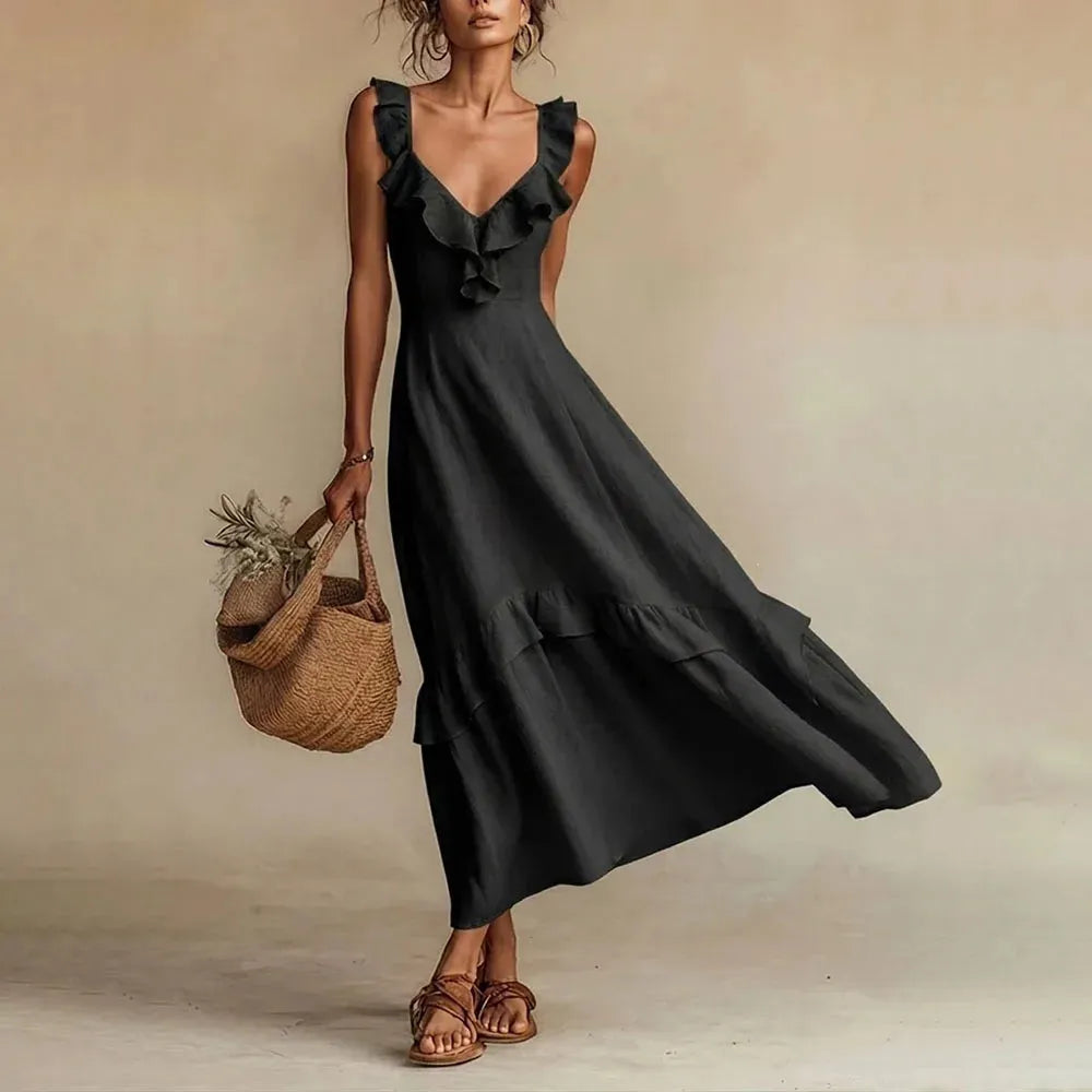 Women's Ruffle A-Line Maxi Wedding Guest Dress with V-Neck