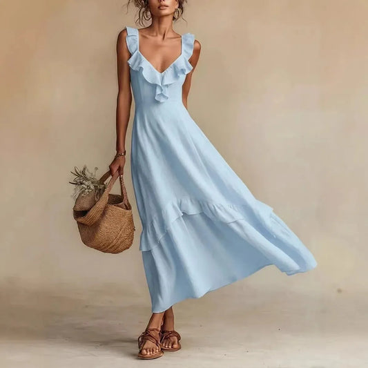 Women's Ruffle A-Line Maxi Wedding Guest Dress with V-Neck