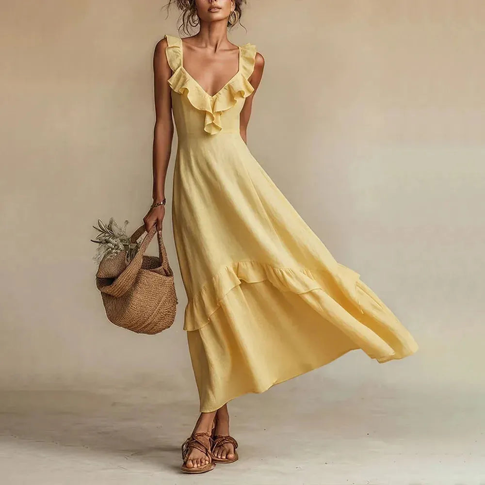 Women's Ruffle A-Line Maxi Wedding Guest Dress with V-Neck