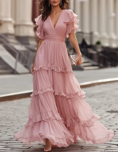 Women's Ruffle Flowy Maxi Wedding Guest Dress with V-Neck