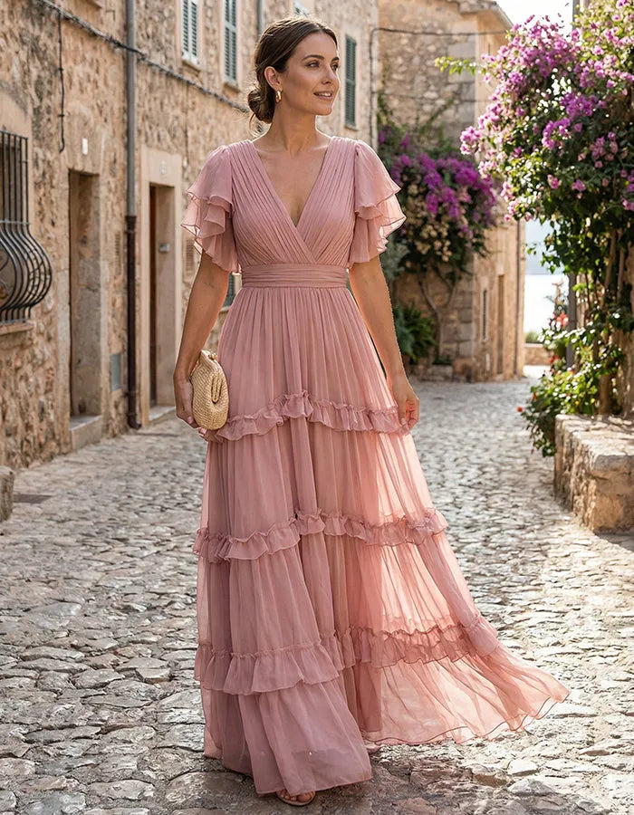 Women's Ruffle Flowy Maxi Wedding Guest Dress with V-Neck