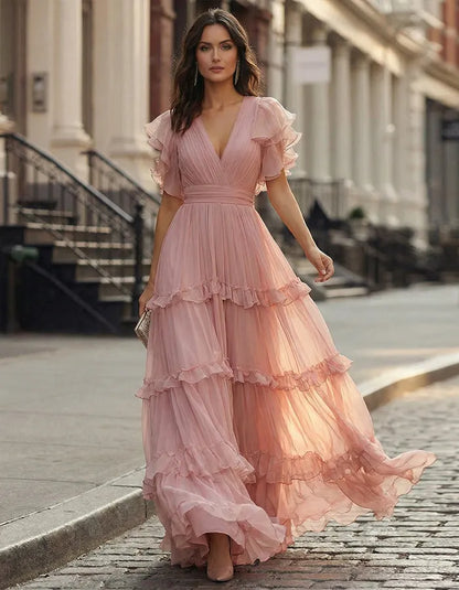 Women's Ruffle Flowy Maxi Wedding Guest Dress with V-Neck