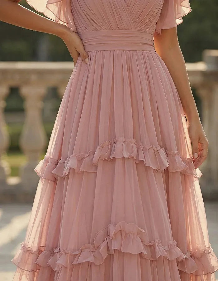 Women's Ruffle Flowy Maxi Wedding Guest Dress with V-Neck