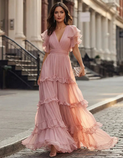 Women's Ruffle Flowy Maxi Wedding Guest Dress with V-Neck
