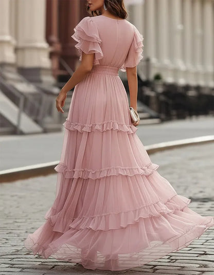 Women's Ruffle Flowy Maxi Wedding Guest Dress with V-Neck