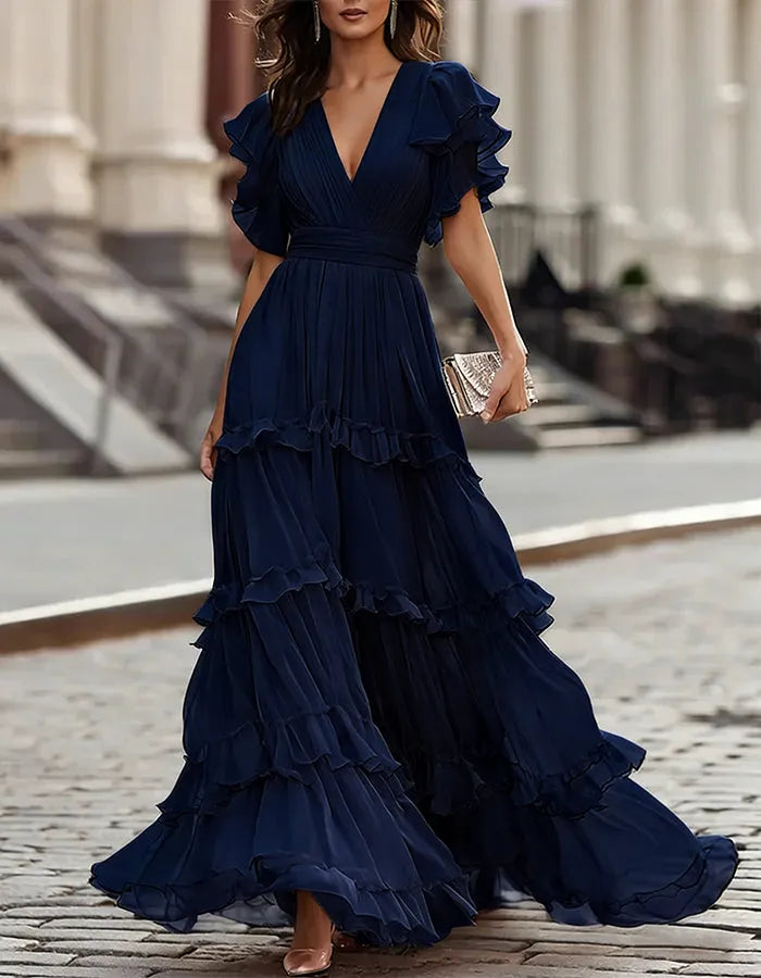Women's Ruffle Flowy Maxi Wedding Guest Dress with V-Neck