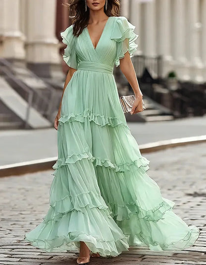 Women's Ruffle Flowy Maxi Wedding Guest Dress with V-Neck