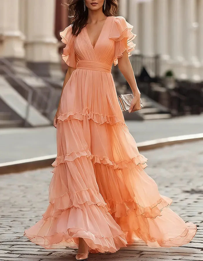 Women's Ruffle Flowy Maxi Wedding Guest Dress with V-Neck