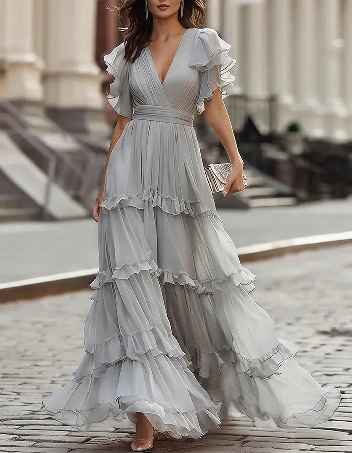 Women's Ruffle Flowy Maxi Wedding Guest Dress with V-Neck