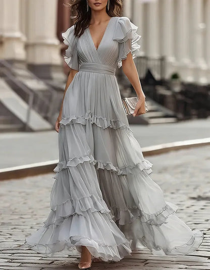 Women's Ruffle Flowy Maxi Wedding Guest Dress with V-Neck