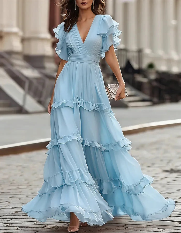 Women's Ruffle Flowy Maxi Wedding Guest Dress with V-Neck