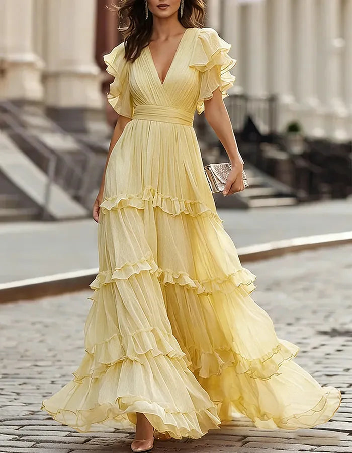 Women's Ruffle Flowy Maxi Wedding Guest Dress with V-Neck
