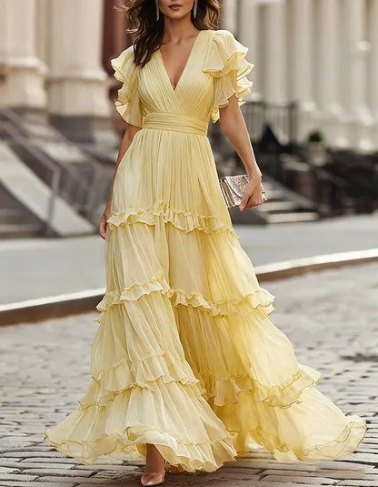 Women's Ruffle Flowy Maxi Wedding Guest Dress with V-Neck